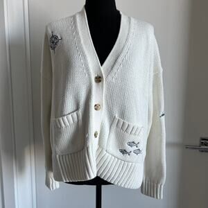 J Crew Heritage Cotton Relaxed Cardigan With Nautical Embroidery Small White